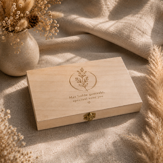 Houten pennendoosje met voorbeeldgravure in een sfeervolle setting.