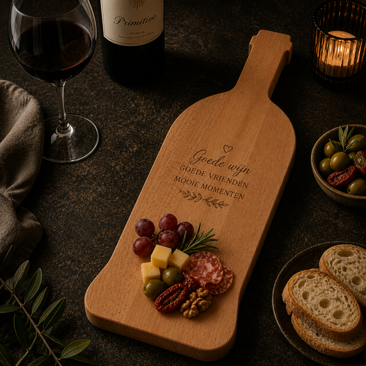 Borrelplank in wijnfles-vorm laten graveren - gepersonaliseerd cadeau
